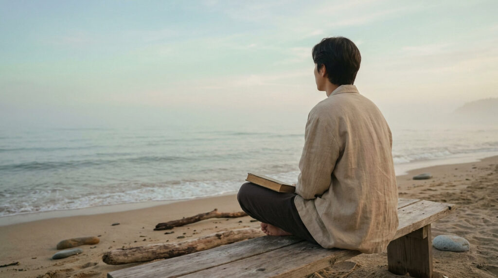 Un homme assis sur un banc en bois sur la plage, regardant l'océan avec un livre sur ses genoux.
