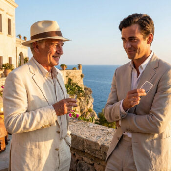 Deux hommes élégants en costume discutent sur une terrasse en bord de mer en Italie.