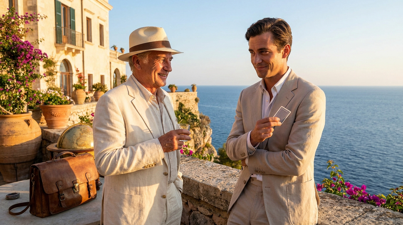 Deux hommes élégants en costume discutent sur une terrasse en bord de mer en Italie.