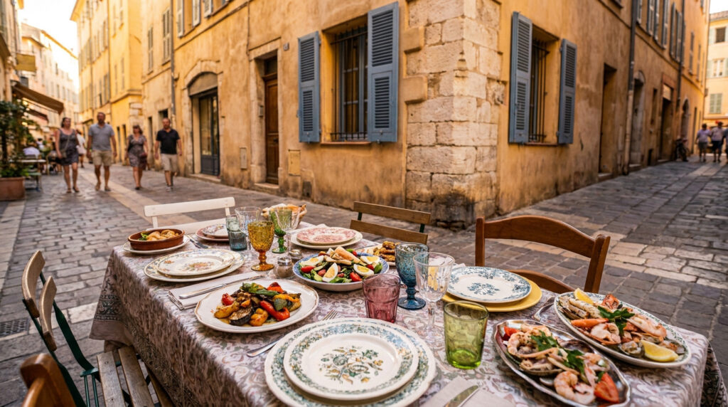 Table dressée avec des plats méditerranéens dans une rue piétonne animée du Vieux-Nice.