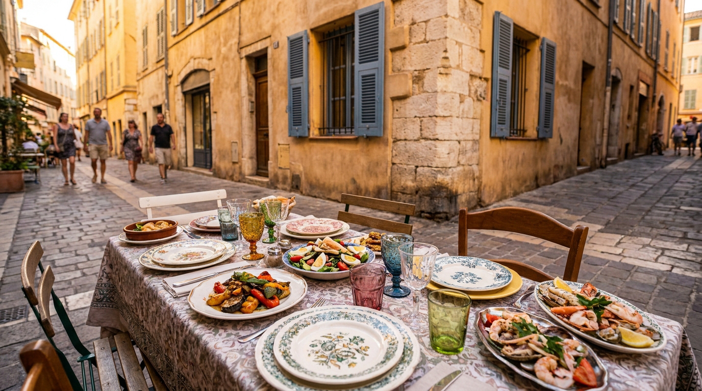 Table dressée avec des plats méditerranéens dans une rue piétonne animée du Vieux-Nice.