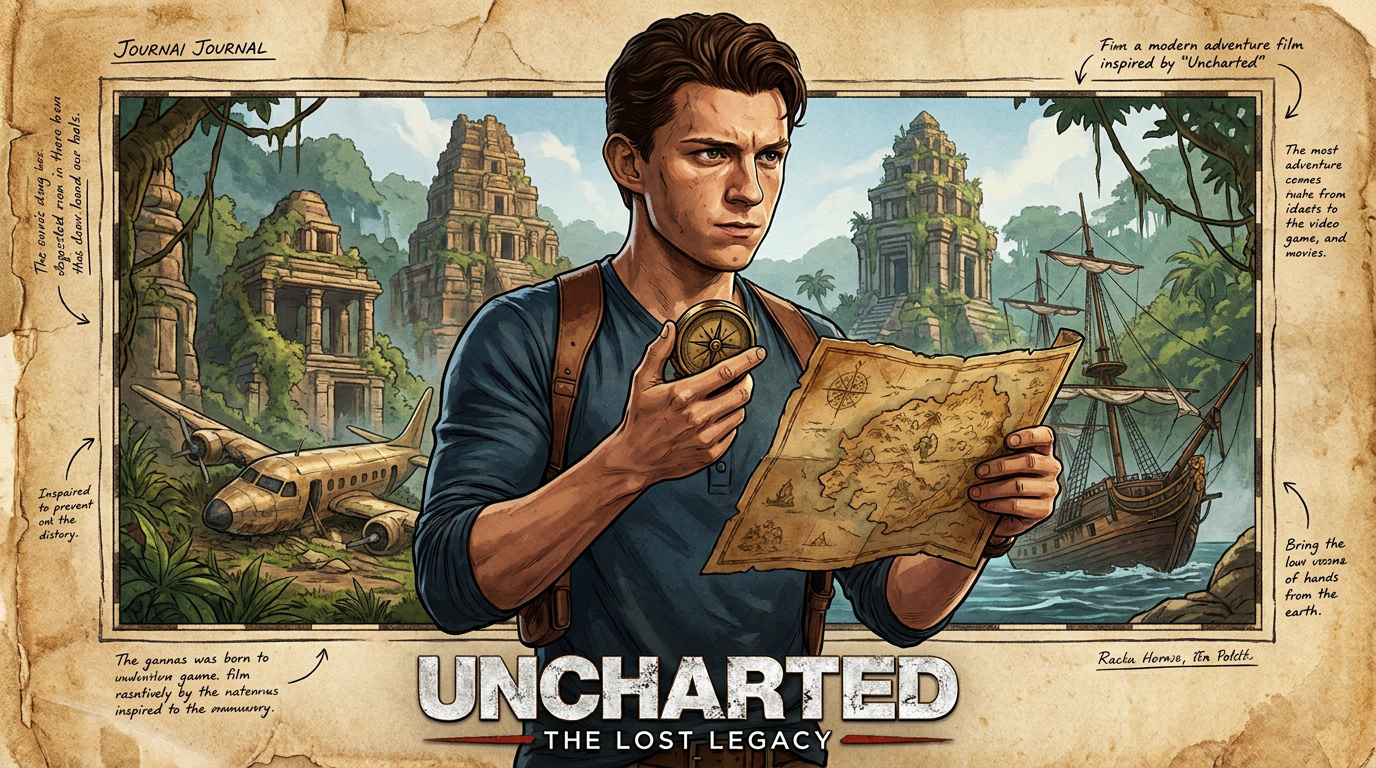 Tom Holland incarnant Nathan Drake examinant une carte ancienne pour le film Uncharted