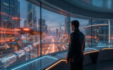 Un homme observe une métropole futuriste et des véhicules lumineux depuis un bureau vitré à l'esthétique technologique.