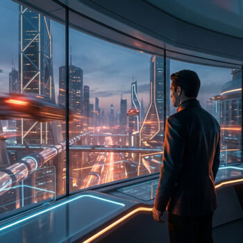 Un homme observe une métropole futuriste et des véhicules lumineux depuis un bureau vitré à l'esthétique technologique.