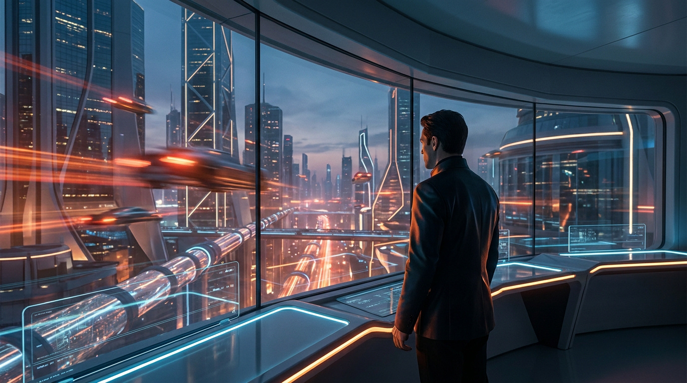 Un homme observe une métropole futuriste et des véhicules lumineux depuis un bureau vitré à l'esthétique technologique.