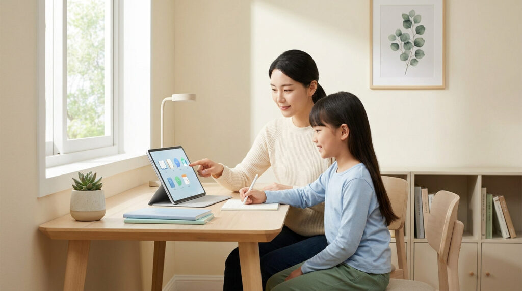 Une mère accompagne sa fille dans ses devoirs sur une tablette numérique dans un bureau lumineux et épuré.