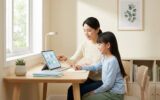 Une mère accompagne sa fille dans ses devoirs sur une tablette numérique dans un bureau lumineux et épuré.