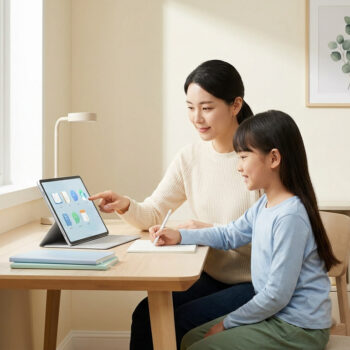Une mère accompagne sa fille dans ses devoirs sur une tablette numérique dans un bureau lumineux et épuré.
