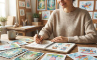 Une illustratrice dessine des personnages dans un carnet entourée d'illustrations colorées pour enfants.