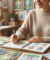 Une illustratrice dessine des personnages dans un carnet entourée d'illustrations colorées pour enfants.