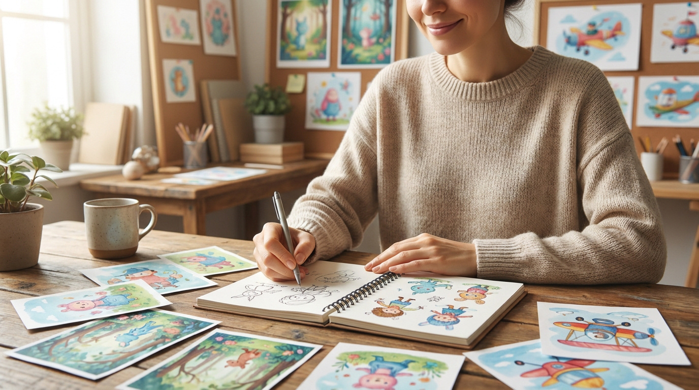 Une illustratrice dessine des personnages dans un carnet entourée d'illustrations colorées pour enfants.