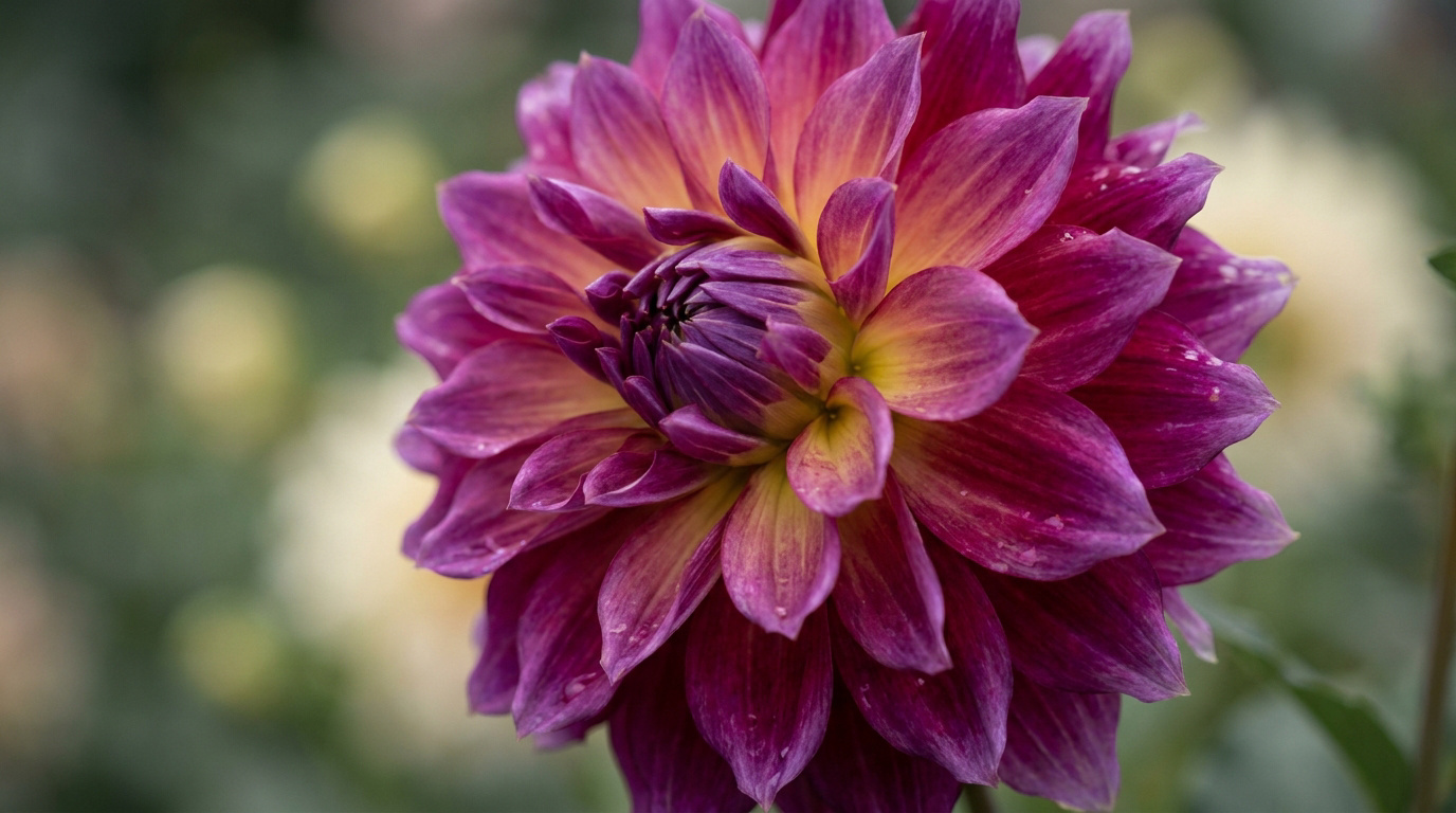 Une fleur de dahlia aux pétales dégradés rose et jaune en gros plan sur un fond flou.