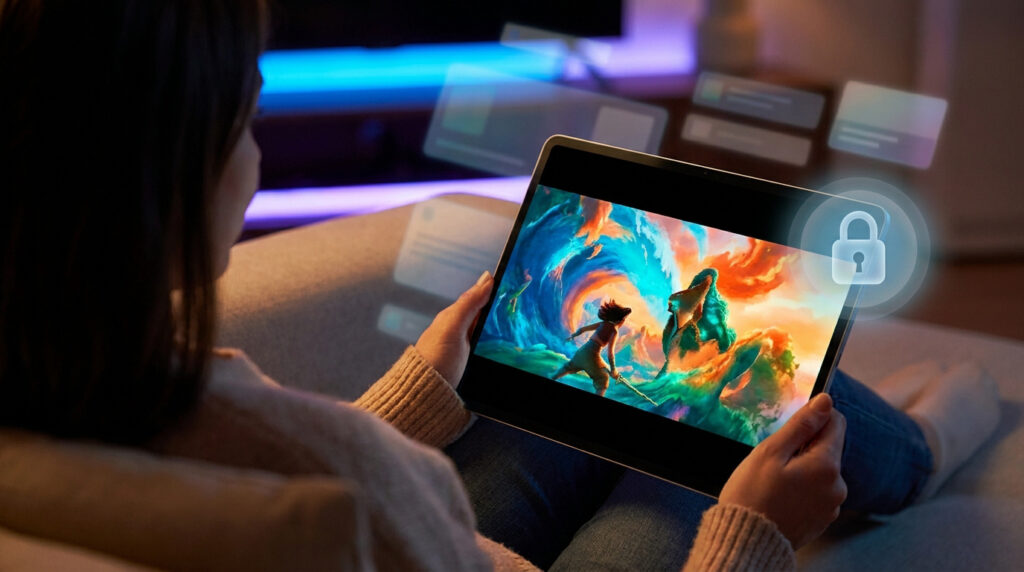 Personne regardant un film sur une tablette avec une icône de cadenas numérique symbolisant la cybersécurité.