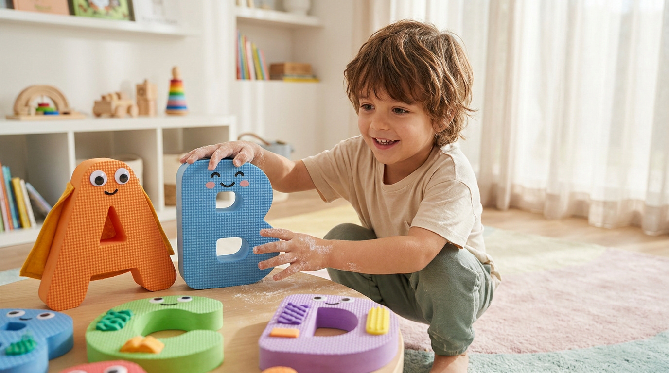 Un jeune enfant souriant joue avec des lettres colorées en mousse sur une petite table en bois dans une chambre.