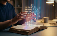 Un homme manipule une interface holographique de symboles au-dessus d'un livre ouvert sur un bureau.