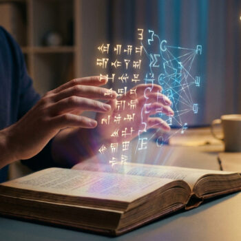 Un homme manipule une interface holographique de symboles au-dessus d'un livre ouvert sur un bureau.