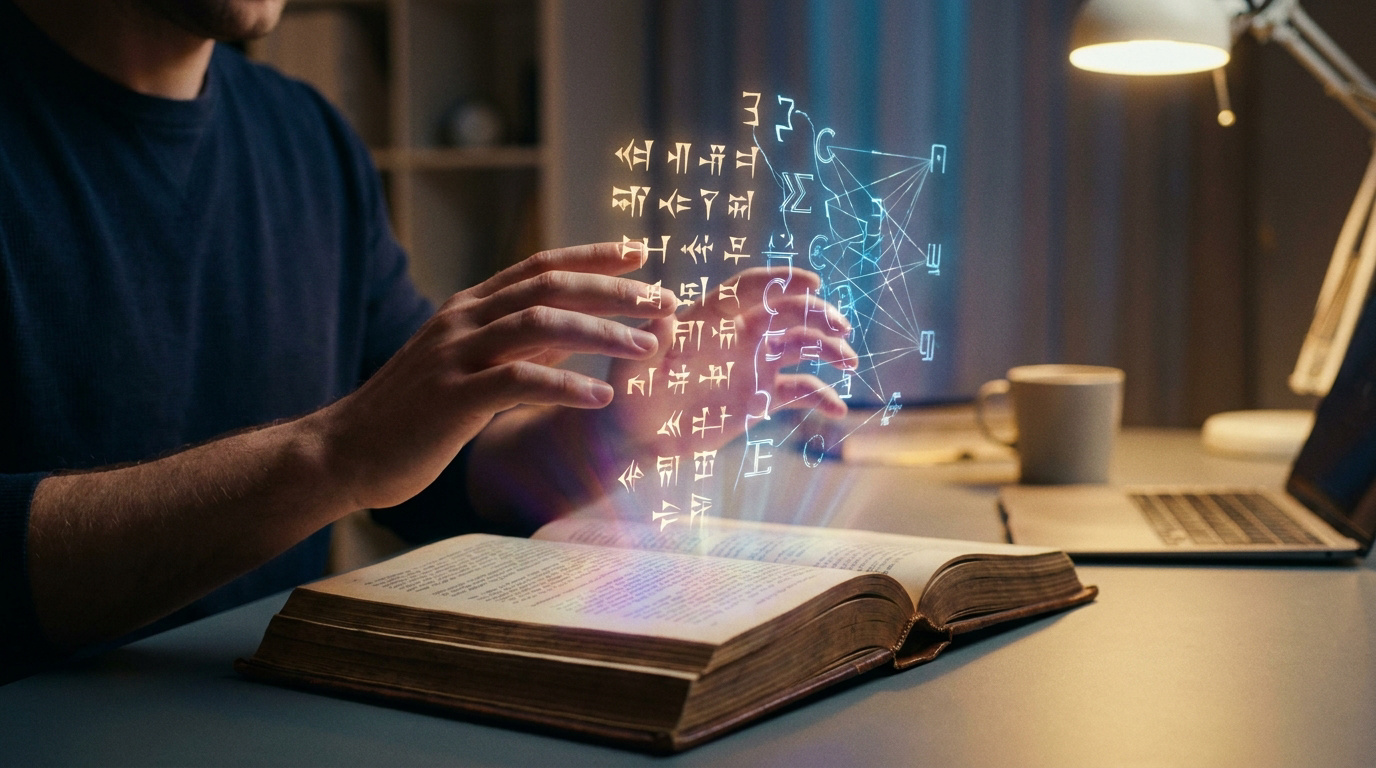 Un homme manipule une interface holographique de symboles au-dessus d'un livre ouvert sur un bureau.