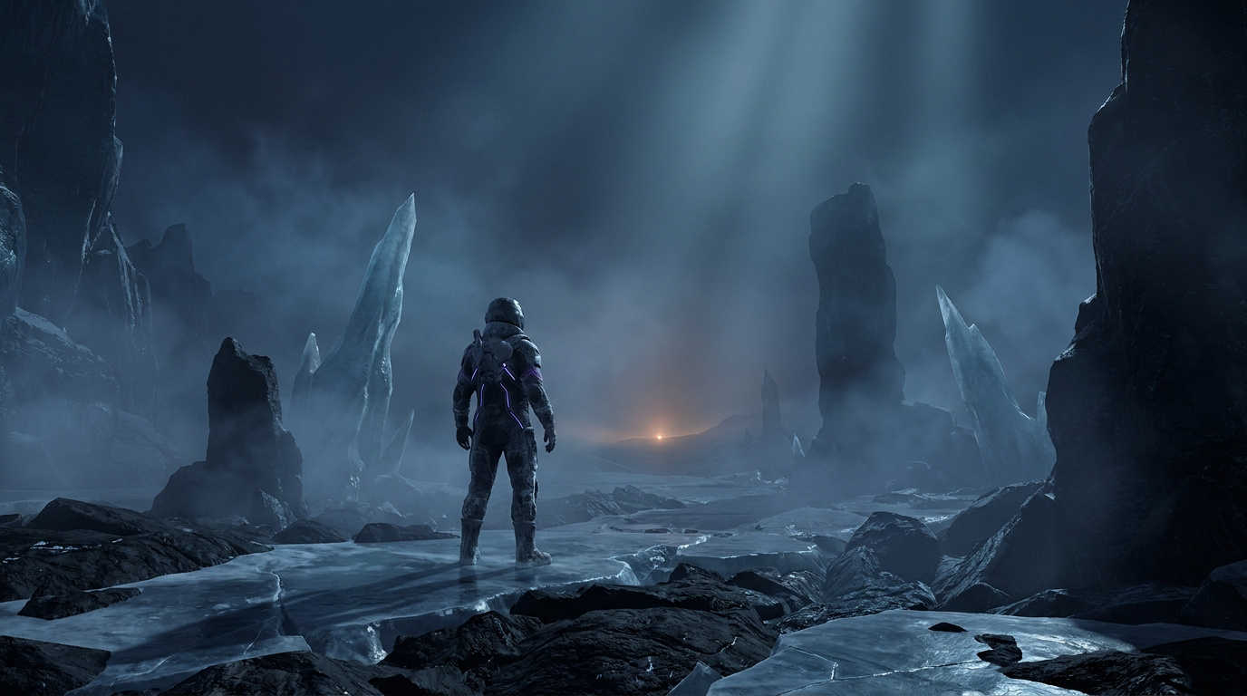 Un astronaute solitaire debout sur une surface glacée entouré de formations rocheuses sous une lumière mystérieuse.