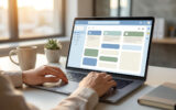 Personne travaillant sur un ordinateur portable affichant une interface de messagerie organisée sur un bureau lumineux.