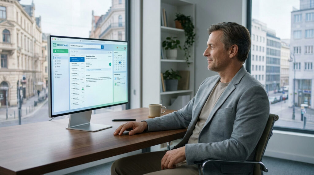 Un homme d'affaires souriant utilise une interface de gestion de courrier électronique sur son ordinateur au bureau.