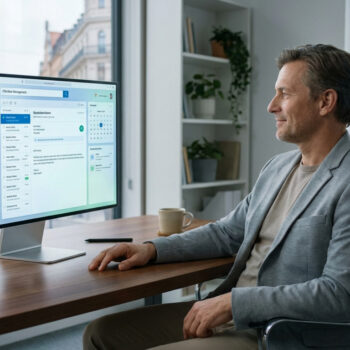 Un homme d'affaires souriant utilise une interface de gestion de courrier électronique sur son ordinateur au bureau.