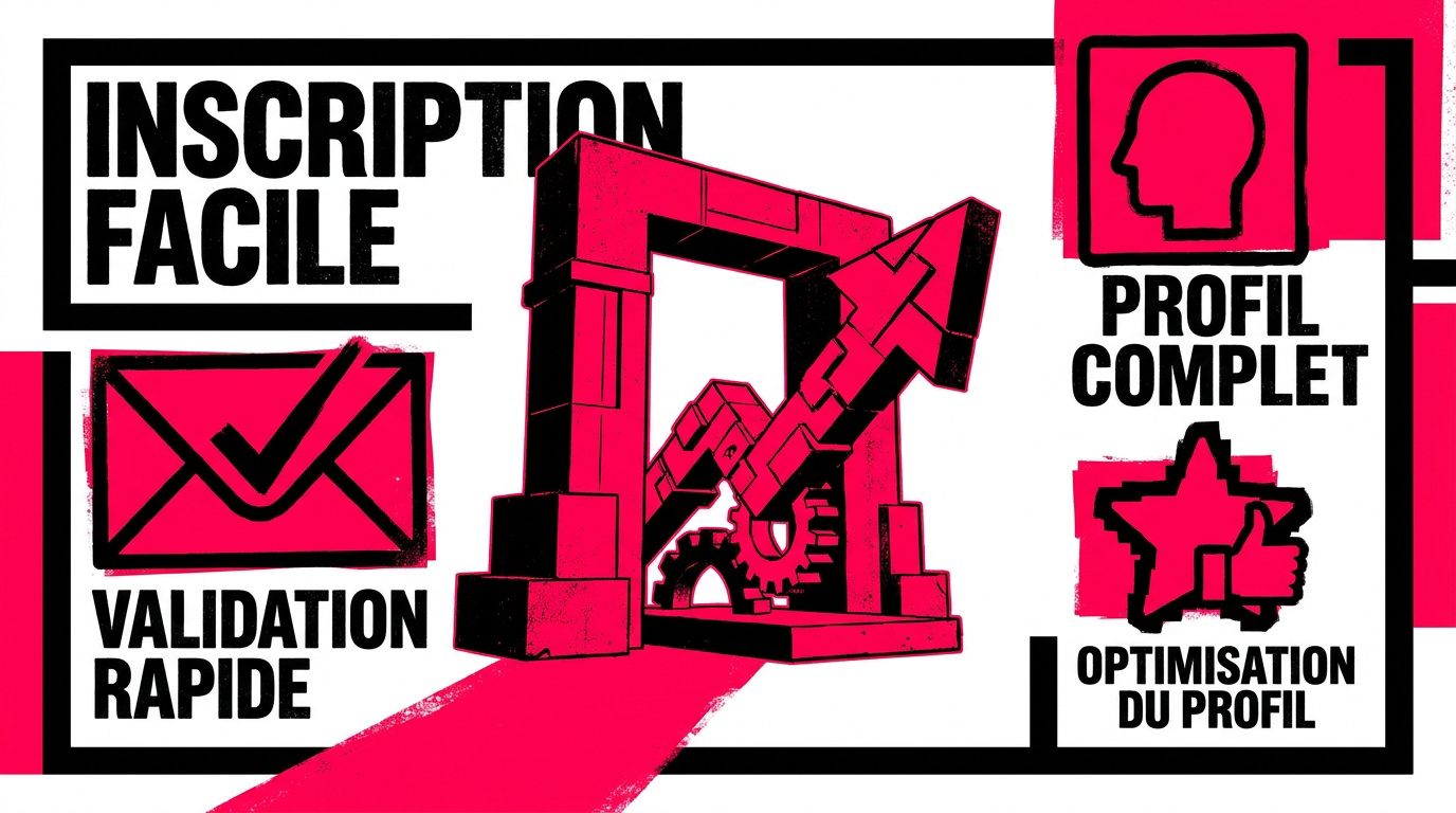 Infographie montrant les étapes d'inscription et de validation de profil sur Les Pompeuses