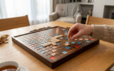 Une main place une lettre 'K' sur un plateau de jeu Scrabble en bois posé sur une table.