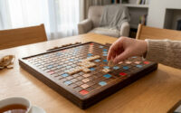 Une main place une lettre 'K' sur un plateau de jeu Scrabble en bois posé sur une table.