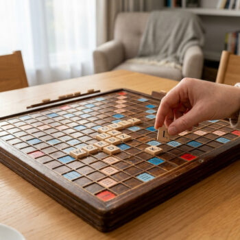 Une main place une lettre 'K' sur un plateau de jeu Scrabble en bois posé sur une table.