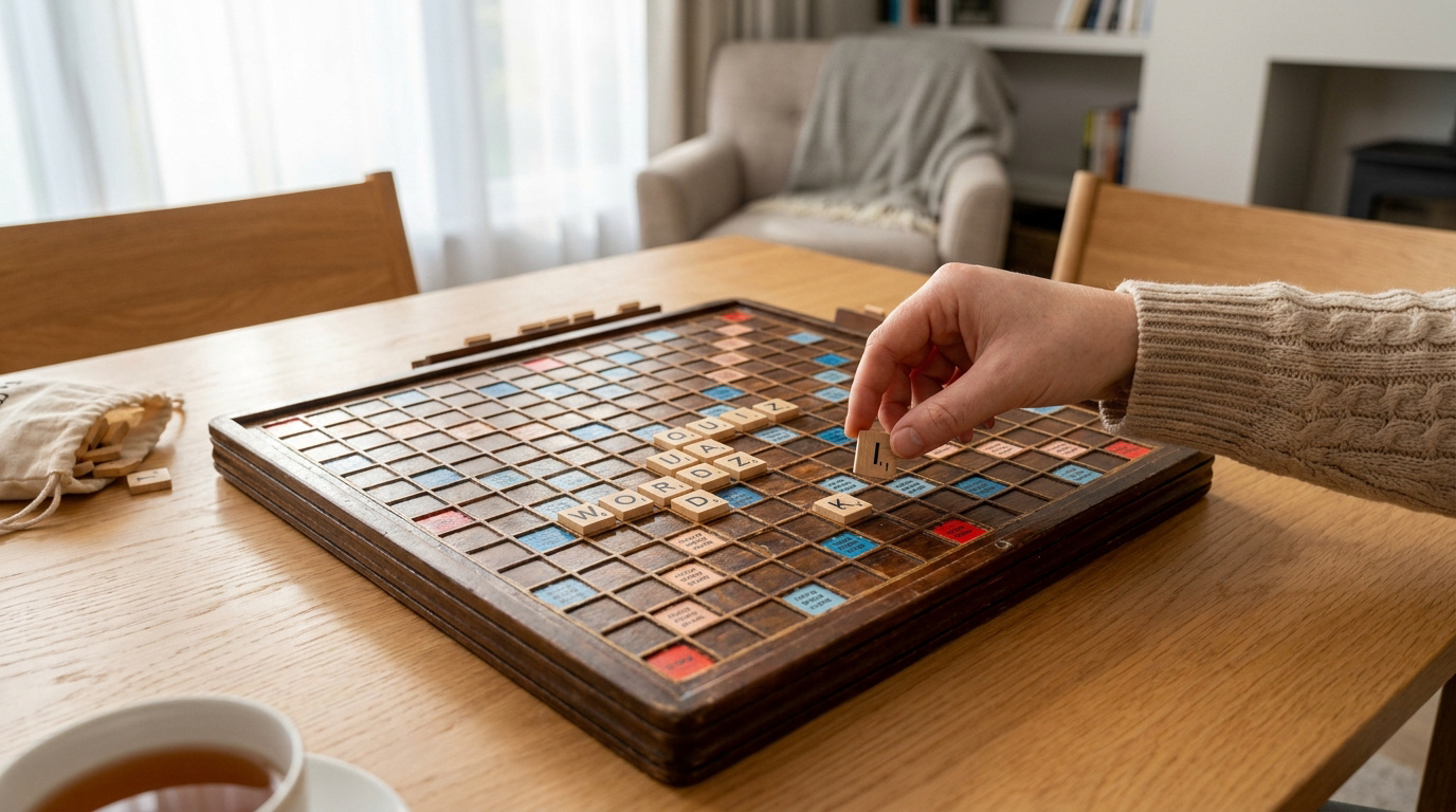 Une main place une lettre 'K' sur un plateau de jeu Scrabble en bois posé sur une table.