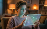Une jeune femme aux cheveux courts utilise une tablette transparente affichant des données connectées dans un salon.
