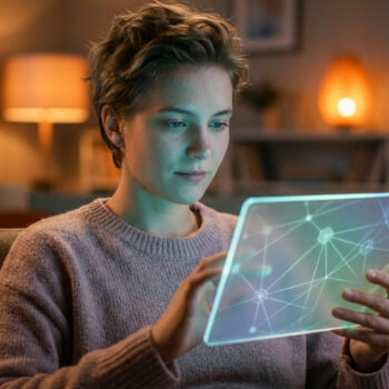 Une jeune femme aux cheveux courts utilise une tablette transparente affichant des données connectées dans un salon.