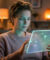 Une jeune femme aux cheveux courts utilise une tablette transparente affichant des données connectées dans un salon.