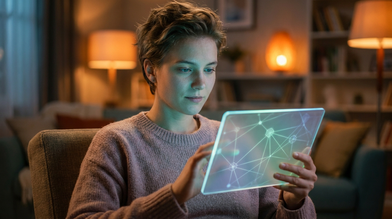 Une jeune femme aux cheveux courts utilise une tablette transparente affichant des données connectées dans un salon.