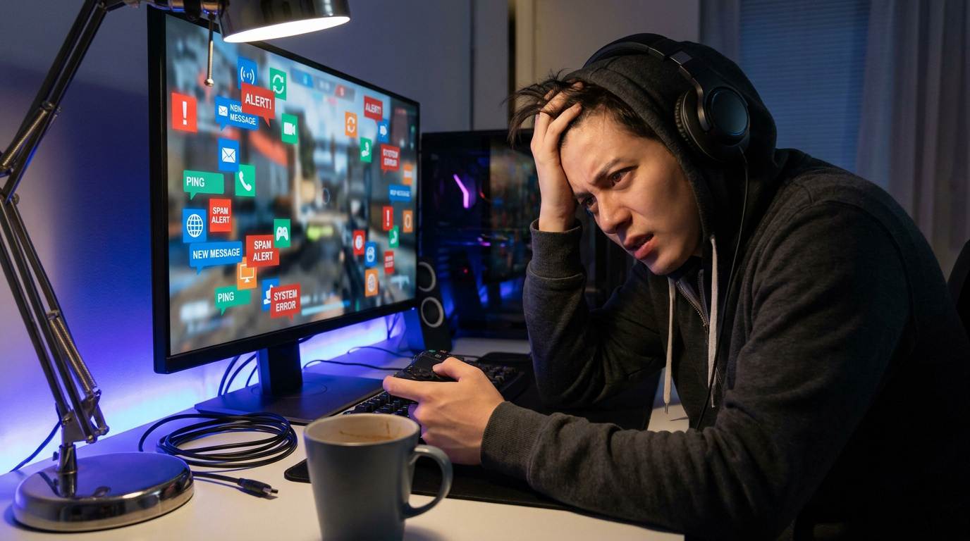Un joueur en sweat à capuche, l'air frustré, devant un écran d'ordinateur rempli d'icônes d'alertes et de notifications.