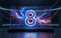 Un grand chiffre 8 lumineux au néon bleu et orange affiché sur un écran transparent futuriste dans une pièce sombre.