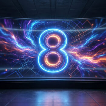 Un grand chiffre 8 lumineux au néon bleu et orange affiché sur un écran transparent futuriste dans une pièce sombre.