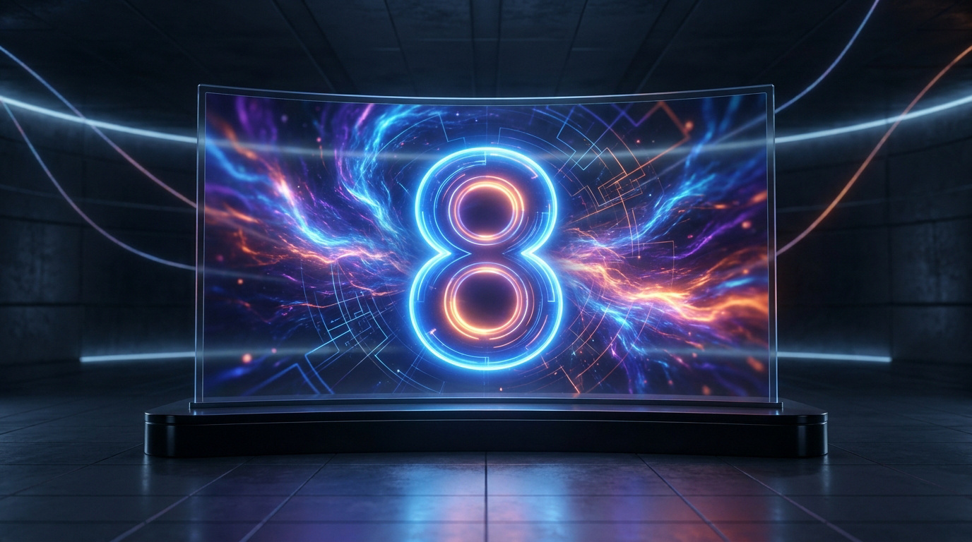 Un grand chiffre 8 lumineux au néon bleu et orange affiché sur un écran transparent futuriste dans une pièce sombre.