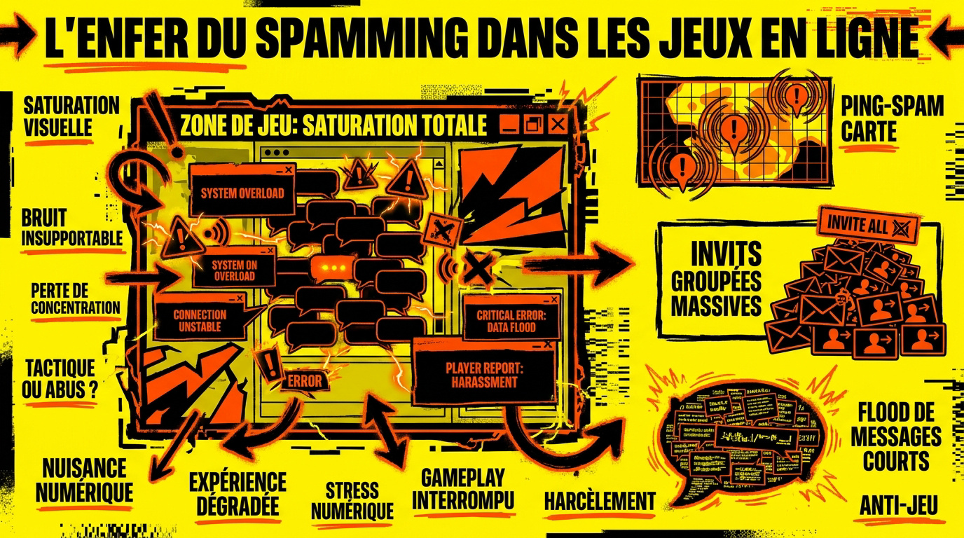 Écran de jeu saturé par des notifications de spam répétitives