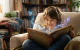 Un jeune garçon assis dans un fauteuil lit un livre d'où s'échappent des fées lumineuses et des notes de musique.
