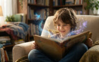 Un jeune garçon assis dans un fauteuil lit un livre d'où s'échappent des fées lumineuses et des notes de musique.