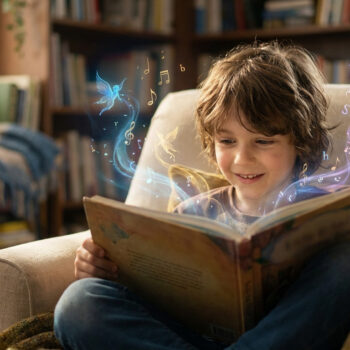 Un jeune garçon assis dans un fauteuil lit un livre d'où s'échappent des fées lumineuses et des notes de musique.