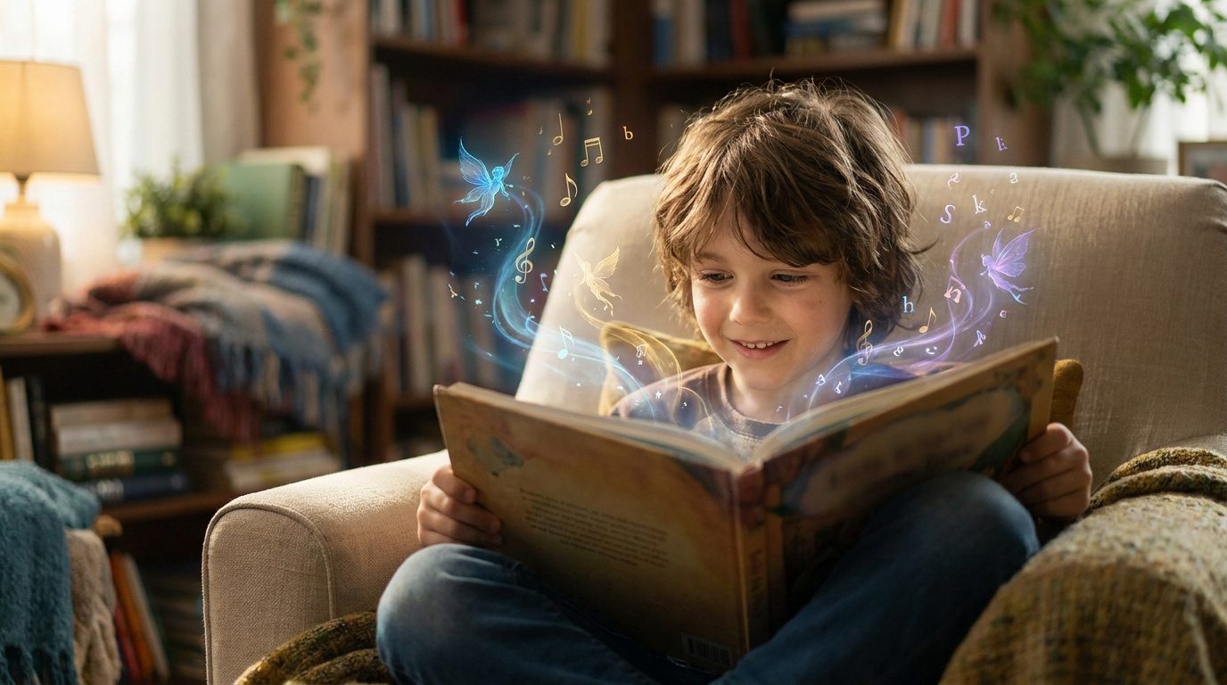 Un jeune garçon assis dans un fauteuil lit un livre d'où s'échappent des fées lumineuses et des notes de musique.