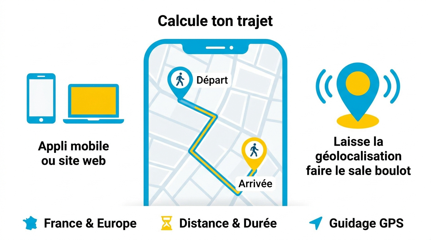 Interface de l'application Mappy affichant un itinéraire piéton en ville