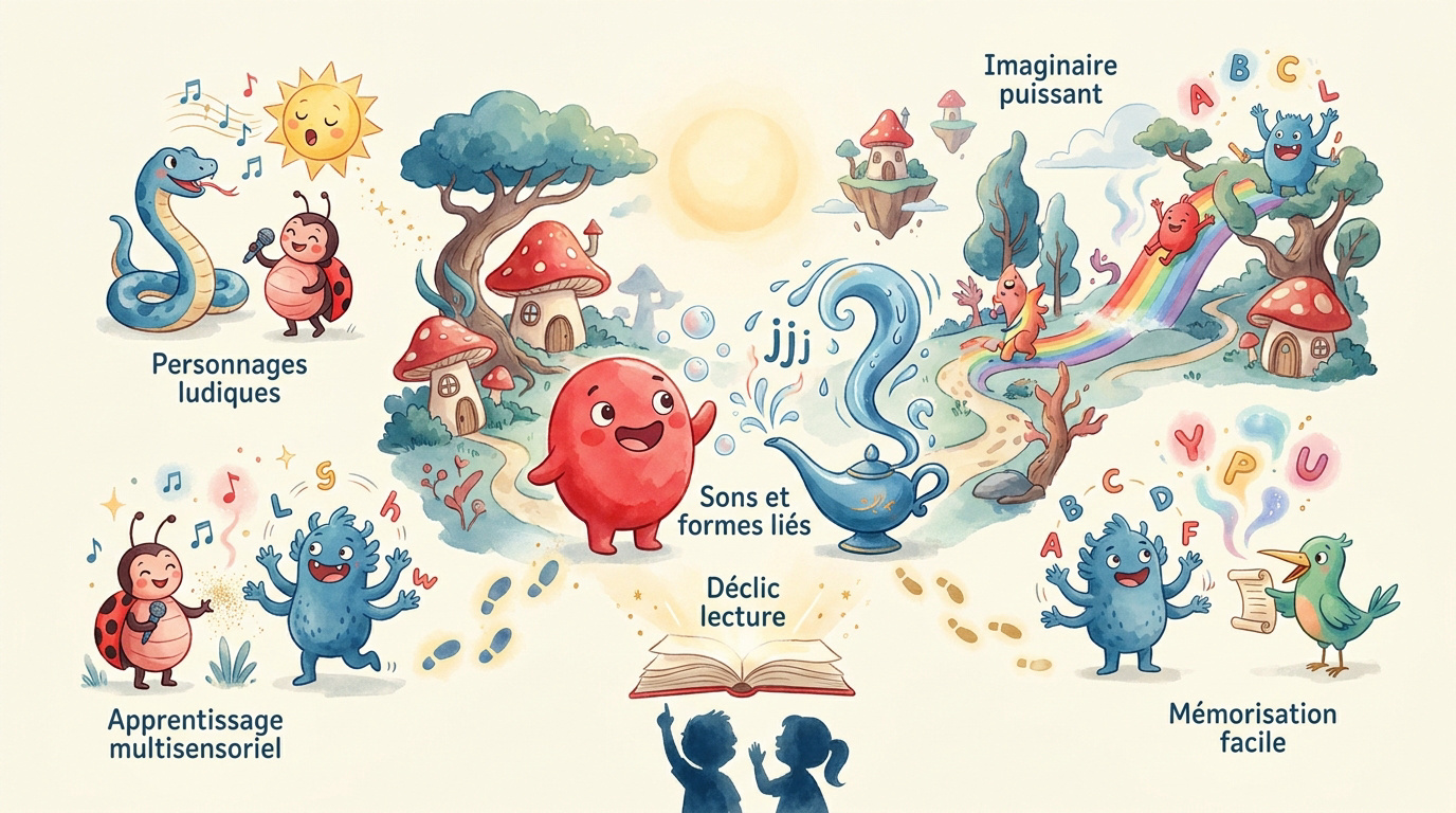 Figurines colorées de la méthode des Alphas représentant des lettres de l'alphabet