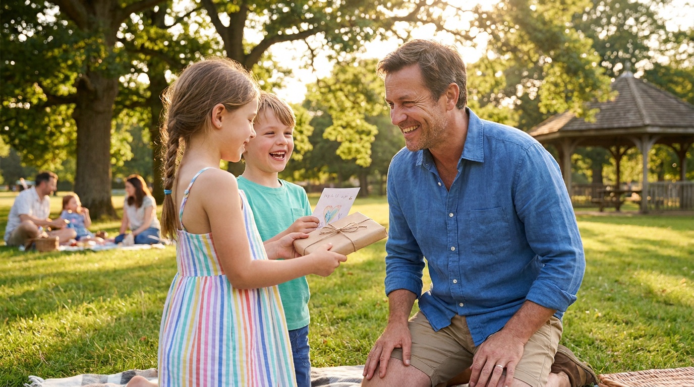 Deux enfants souriants offrent un cadeau emballé et une carte dessinée à leur père dans un parc ensoleillé.