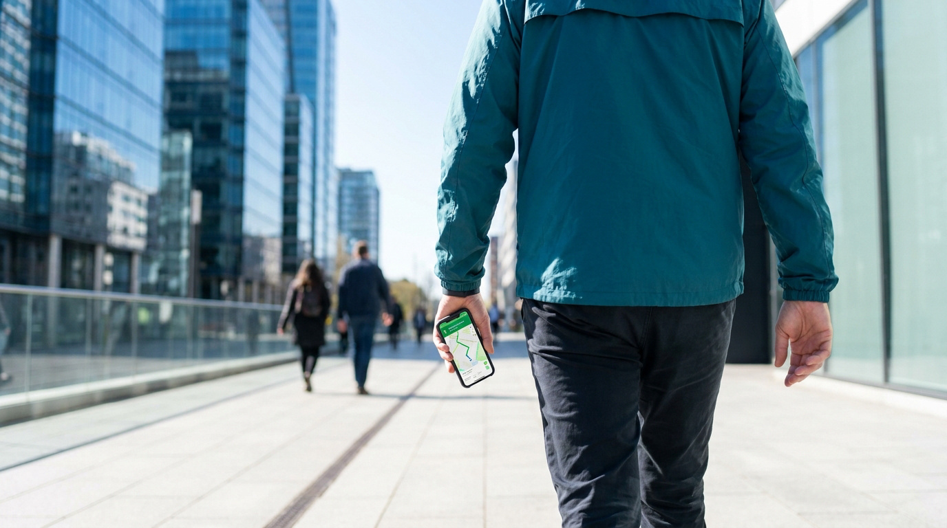 Un homme marche dans une rue moderne en consultant l'application Mappy sur son smartphone pour s'orienter.