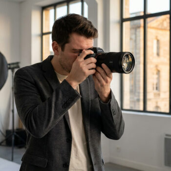 Un photographe professionnel avec son appareil photo dans un studio lumineux avec vue sur Bordeaux.
