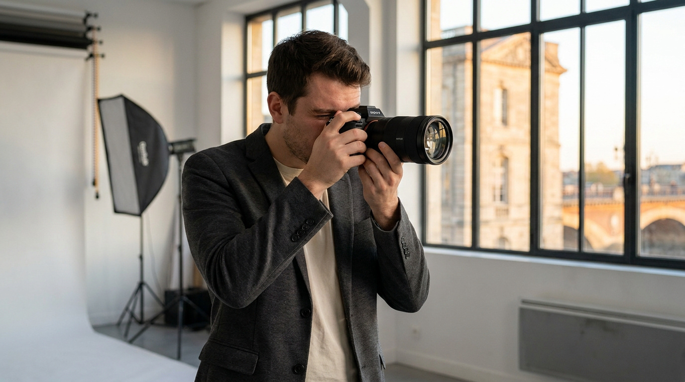 Un photographe professionnel avec son appareil photo dans un studio lumineux avec vue sur Bordeaux.