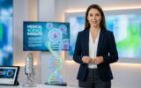 Une femme en veste bleu marine présente une émission scientifique sur le plateau avec un micro et un modèle d'ADN.